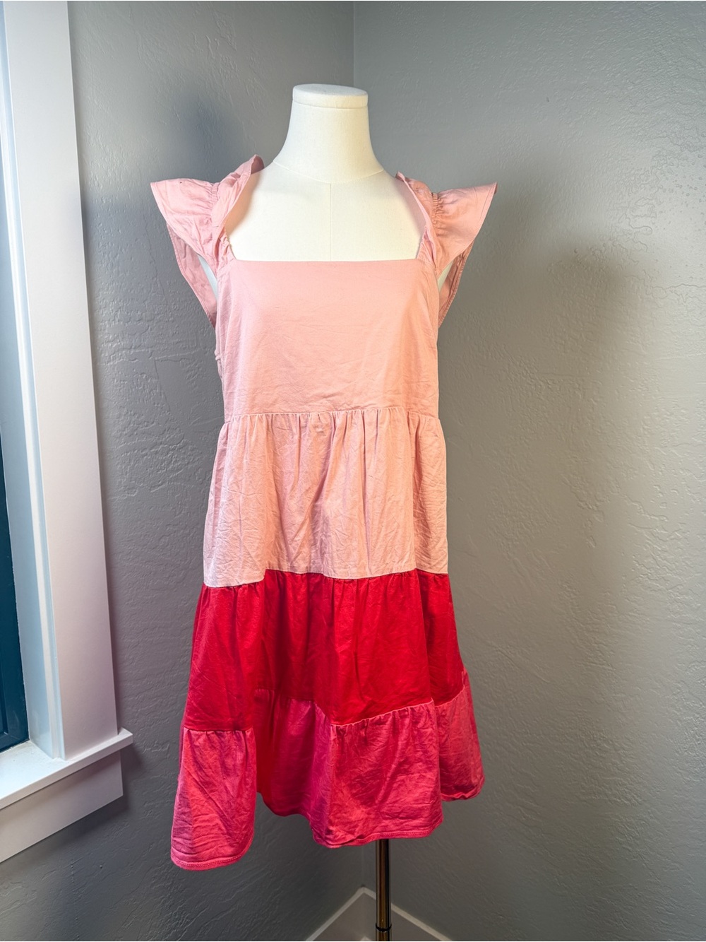 LC Lauren Conrad Cotton Colorblock Ruffle Back Tie Strap Dress Pink Red Size L